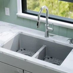 Karran 32" Undermount Quartz Composite Kitchen Sink with Accessories, 50/50 Double Bowl, Grey, QU-810-GR-PK1