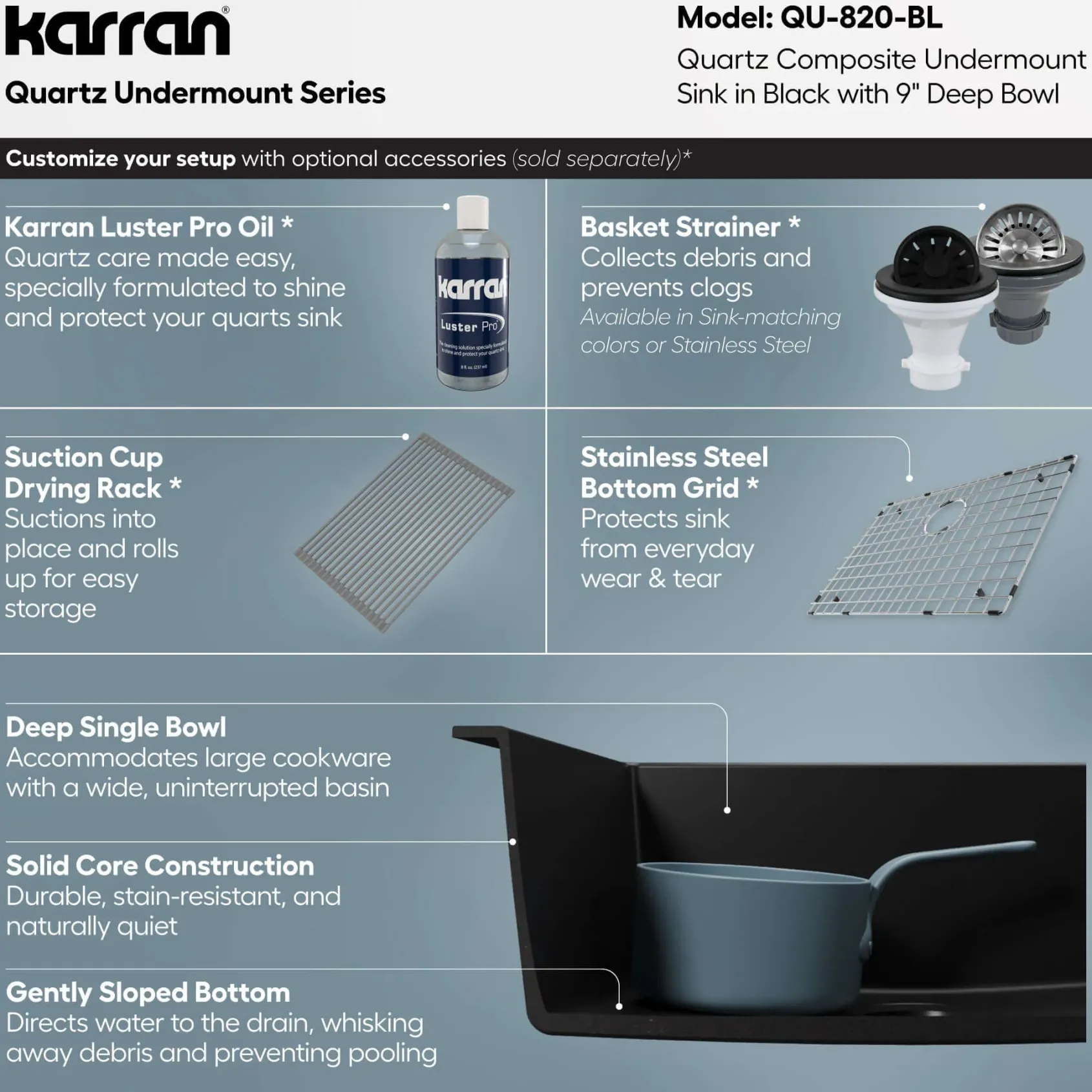 Karran 24" Undermount Quartz Composite Kitchen Sink, Black, QU-820-BL