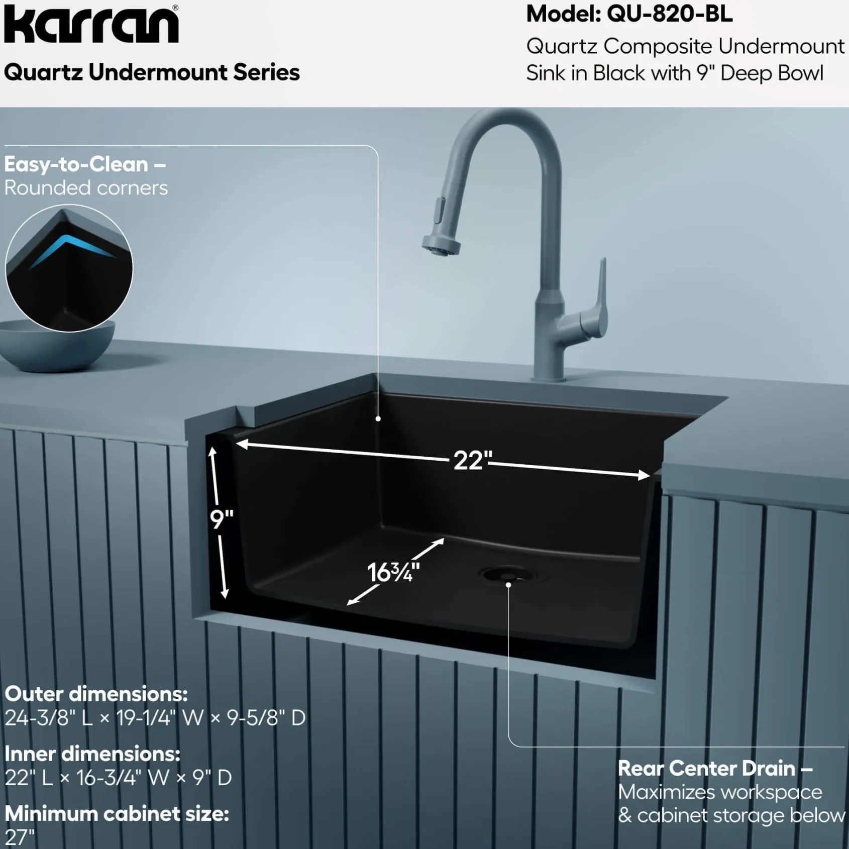 Karran 24" Undermount Quartz Composite Kitchen Sink, Black, QU-820-BL