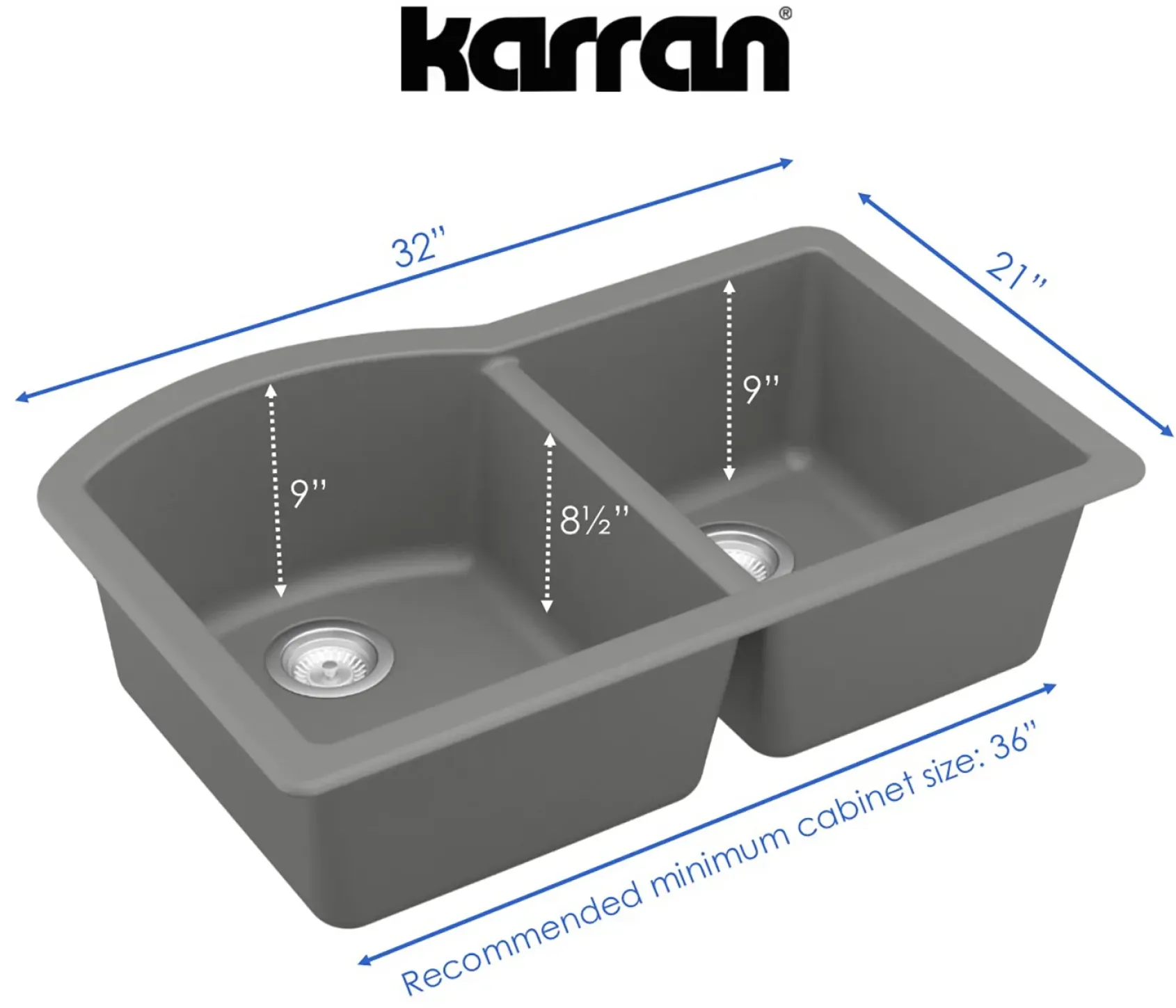 Karran 32" Undermount Quartz Composite Kitchen Sink, 60/40 Double Bowl, Grey, QU-610-GR