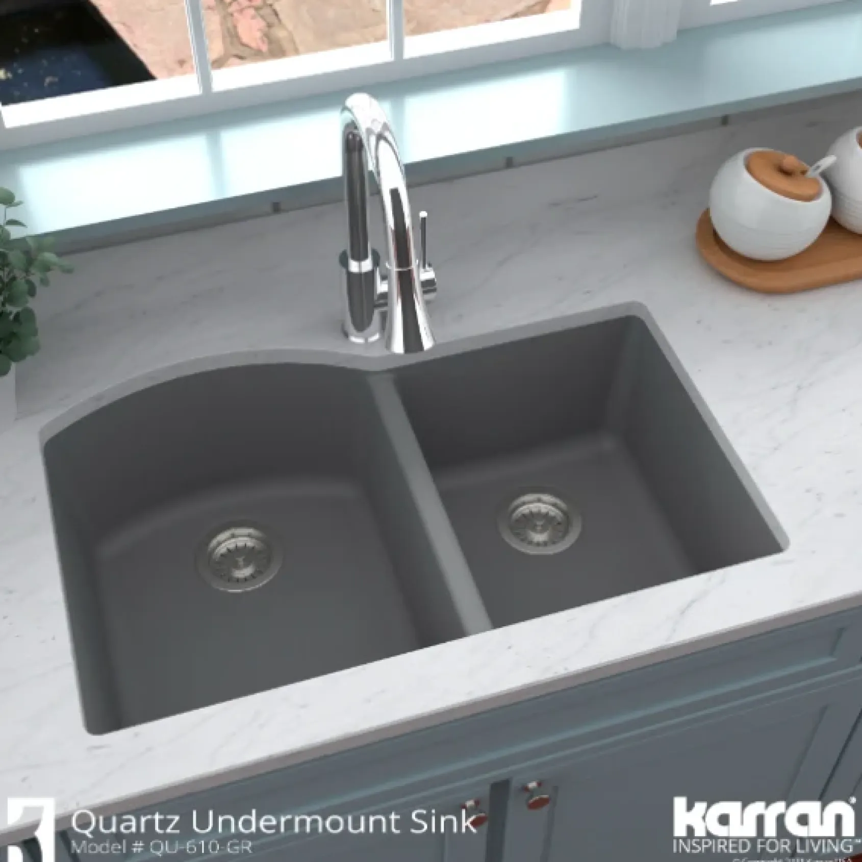 Karran 32" Undermount Quartz Composite Kitchen Sink, 60/40 Double Bowl, Grey, QU-610-GR