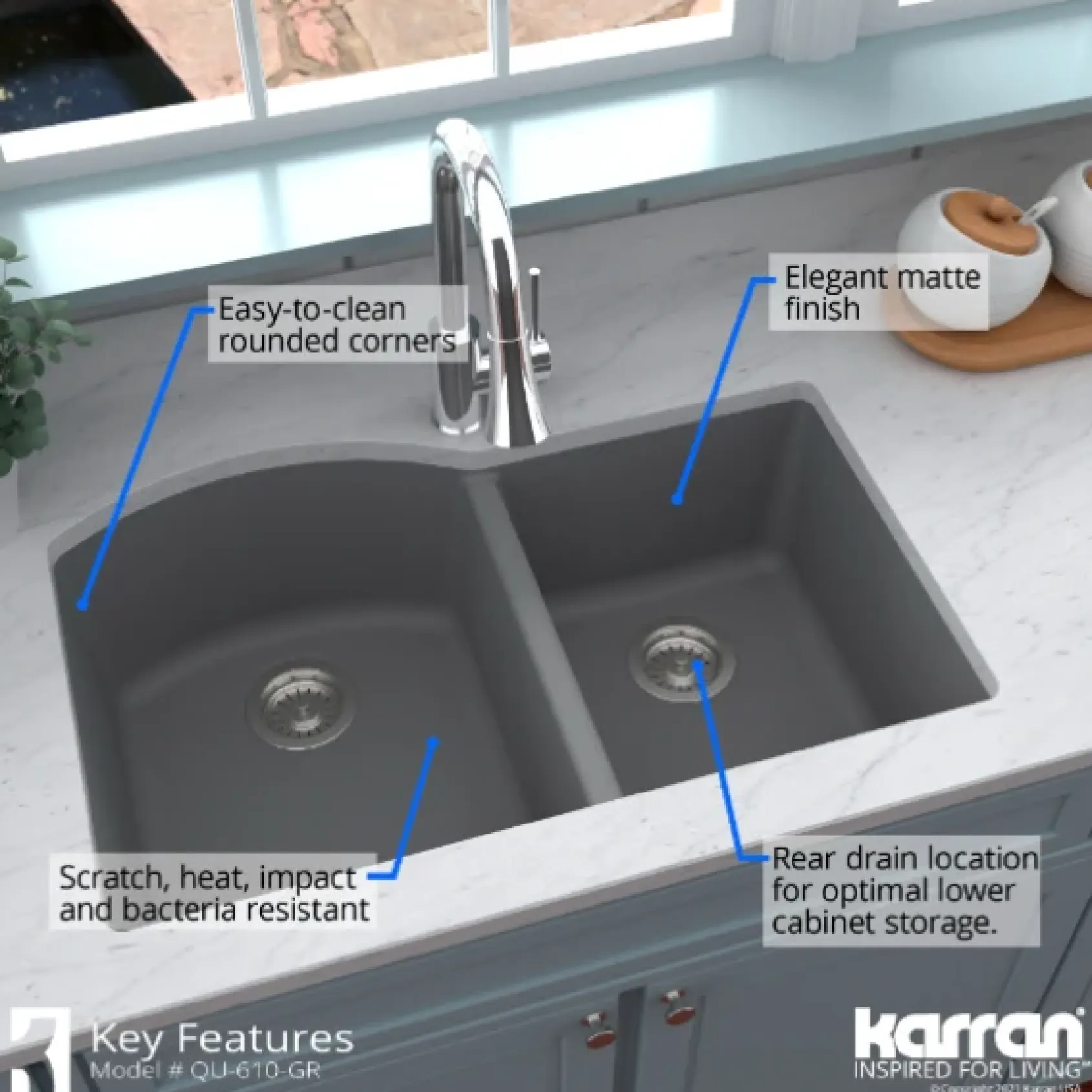 Karran 32" Undermount Quartz Composite Kitchen Sink, 60/40 Double Bowl, Grey, QU-610-GR