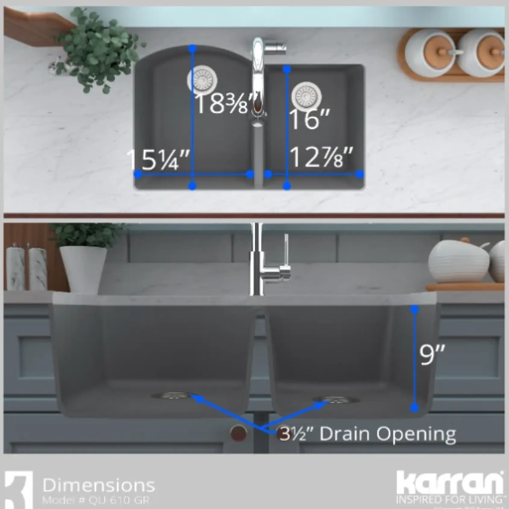 Karran 32" Undermount Quartz Composite Kitchen Sink, 60/40 Double Bowl, Grey, QU-610-GR