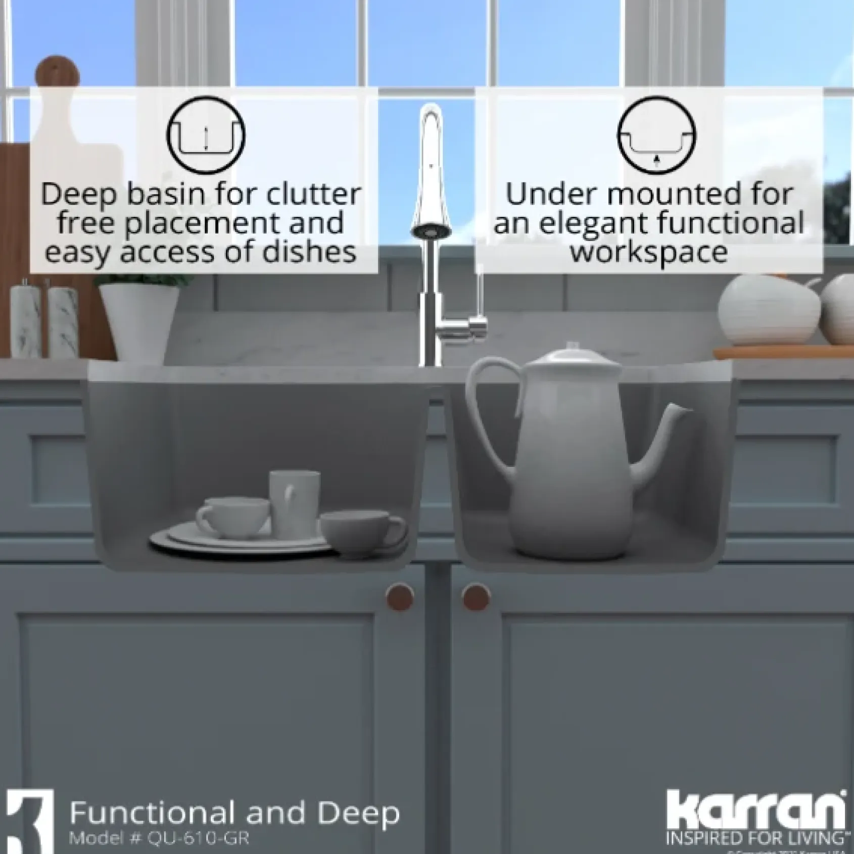Karran 32" Undermount Quartz Composite Kitchen Sink, 60/40 Double Bowl, Grey, QU-610-GR