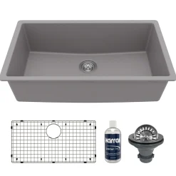 Karran 32" Undermount Quartz Composite Kitchen Sink with Accessories, Grey, QU-812-GR-PK1
