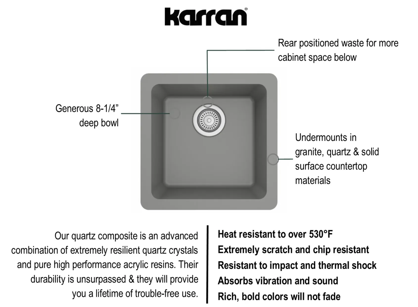 Karran 17" Undermount Quartz Composite Kitchen Sink, Grey, QU-690-GR