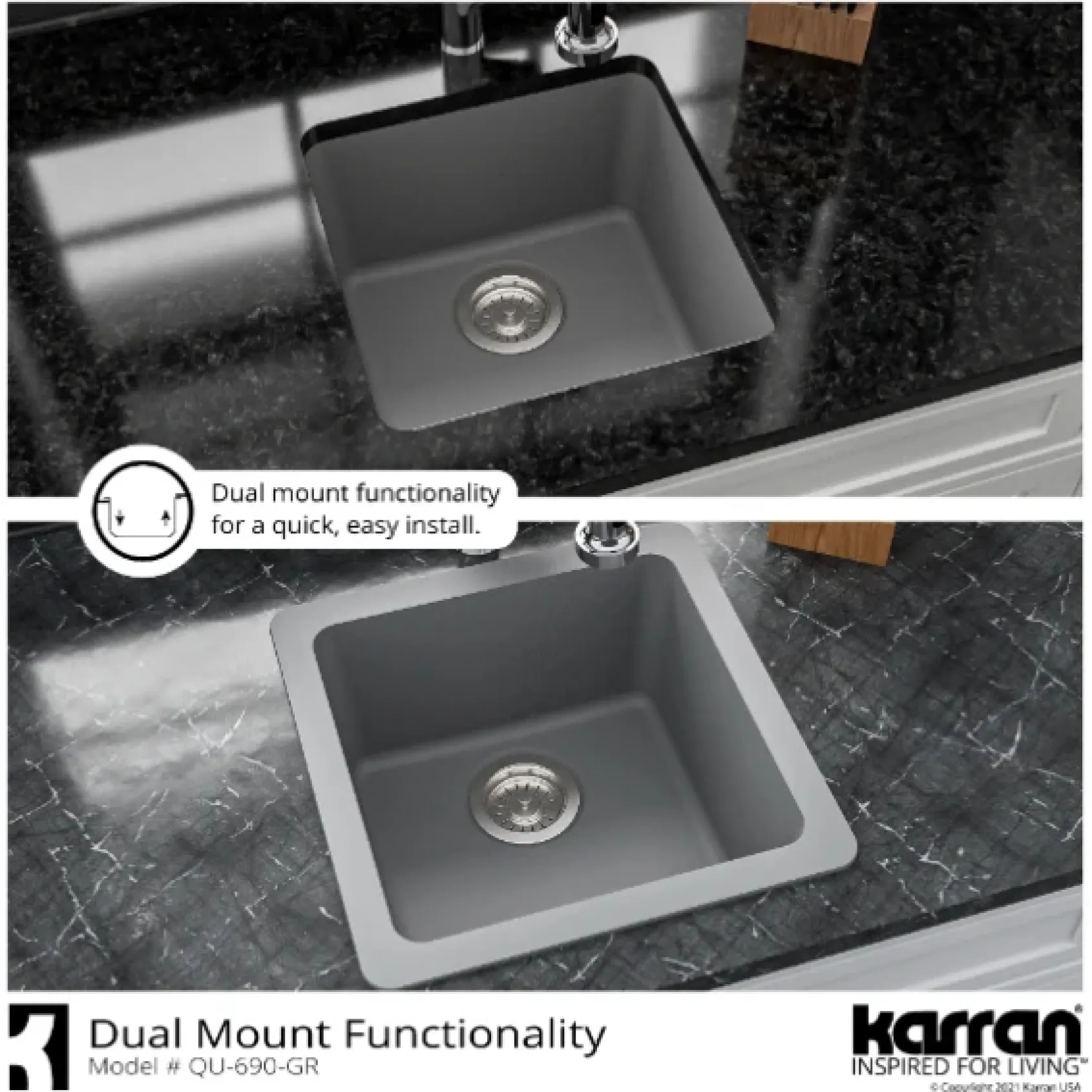 Karran 17" Undermount Quartz Composite Kitchen Sink, Grey, QU-690-GR