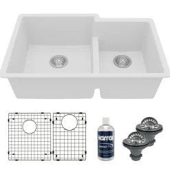 Karran 32" Undermount Quartz Composite Kitchen Sink with Accessories, 60/40 Double Bowl, White, QU-811-WH-PK1
