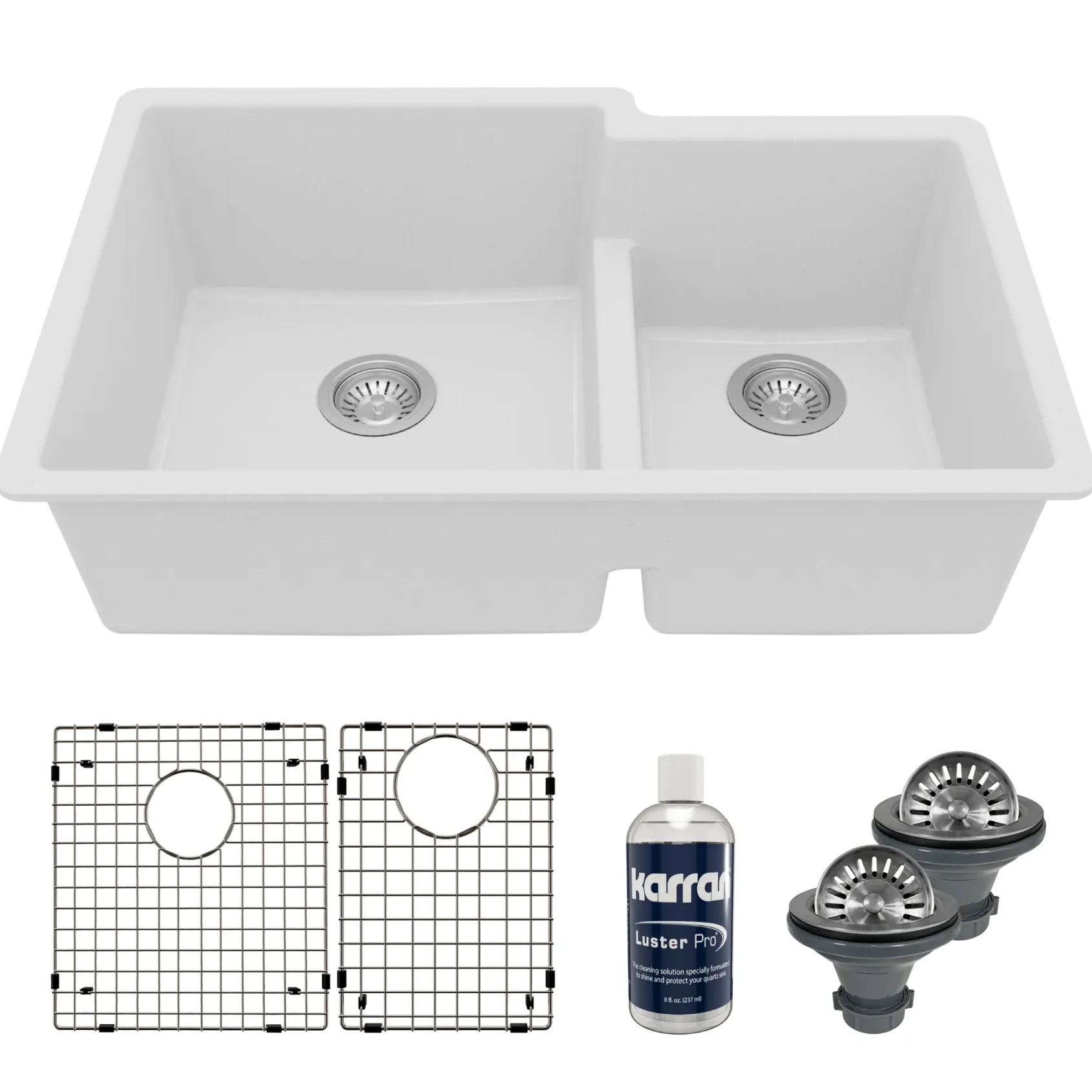 Karran 32" Undermount Quartz Composite Kitchen Sink with Accessories, 60/40 Double Bowl, White, QU-811-WH-PK1