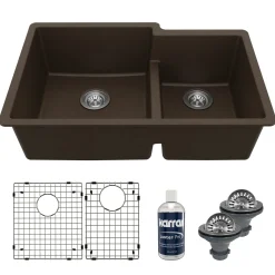 Karran 32" Undermount Quartz Composite Kitchen Sink with Accessories, 60/40 Double Bowl, Brown, QU-811-BR-PK1