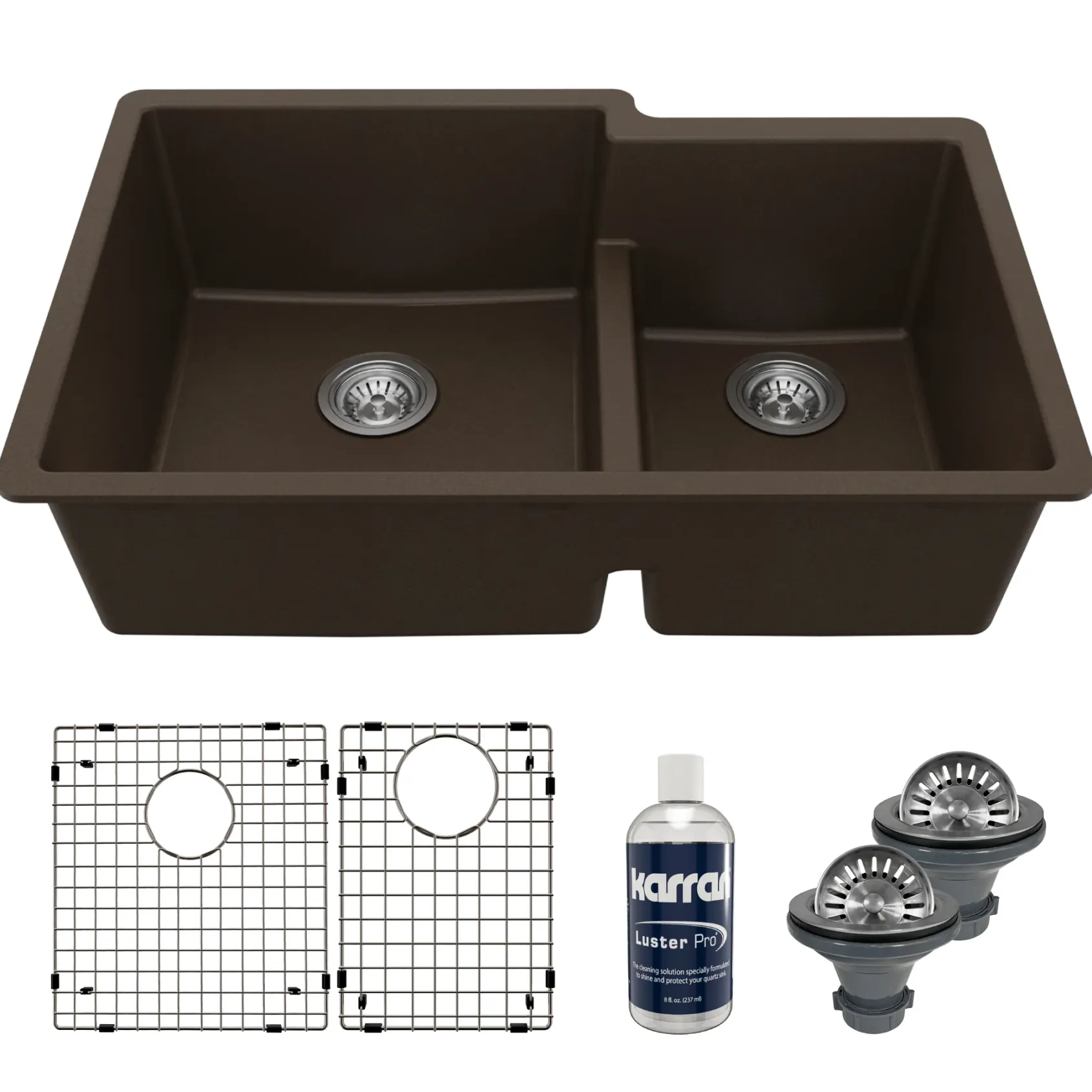 Karran 32" Undermount Quartz Composite Kitchen Sink with Accessories, 60/40 Double Bowl, Brown, QU-811-BR-PK1