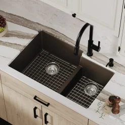 Karran 32" Undermount Quartz Composite Kitchen Sink with Accessories, 60/40 Double Bowl, Brown, QU-811-BR-PK1