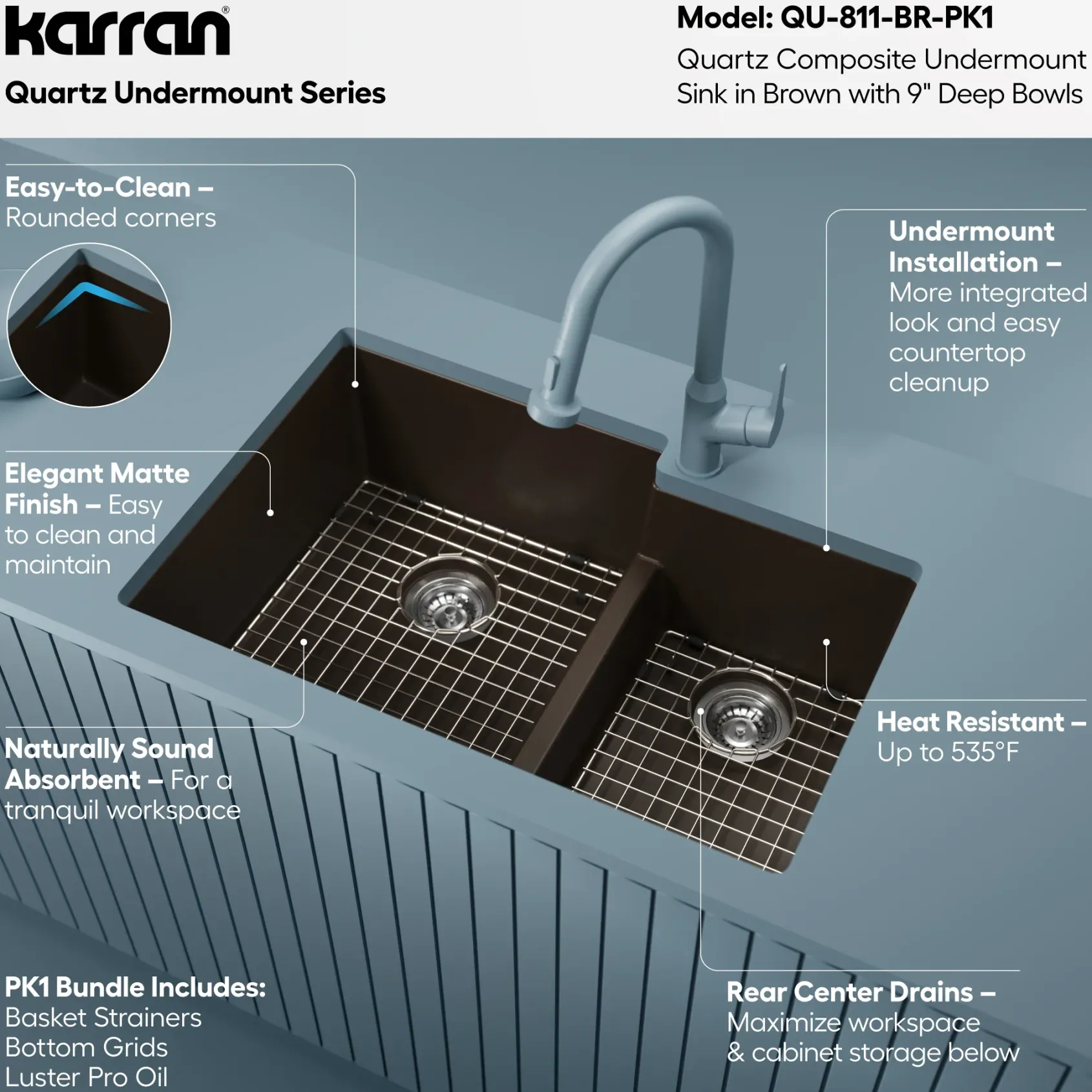 Karran 32" Undermount Quartz Composite Kitchen Sink with Accessories, 60/40 Double Bowl, Brown, QU-811-BR-PK1