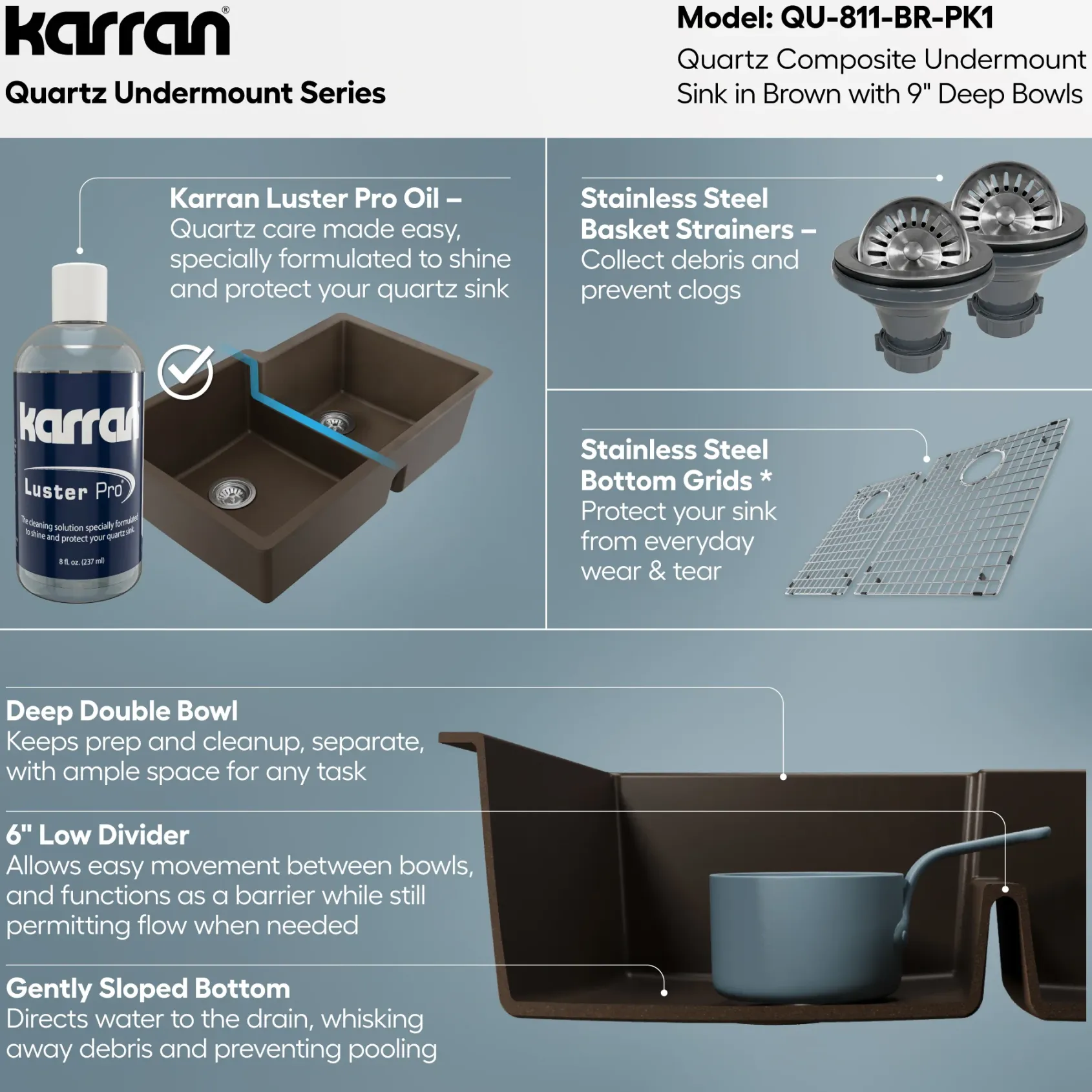 Karran 32" Undermount Quartz Composite Kitchen Sink with Accessories, 60/40 Double Bowl, Brown, QU-811-BR-PK1