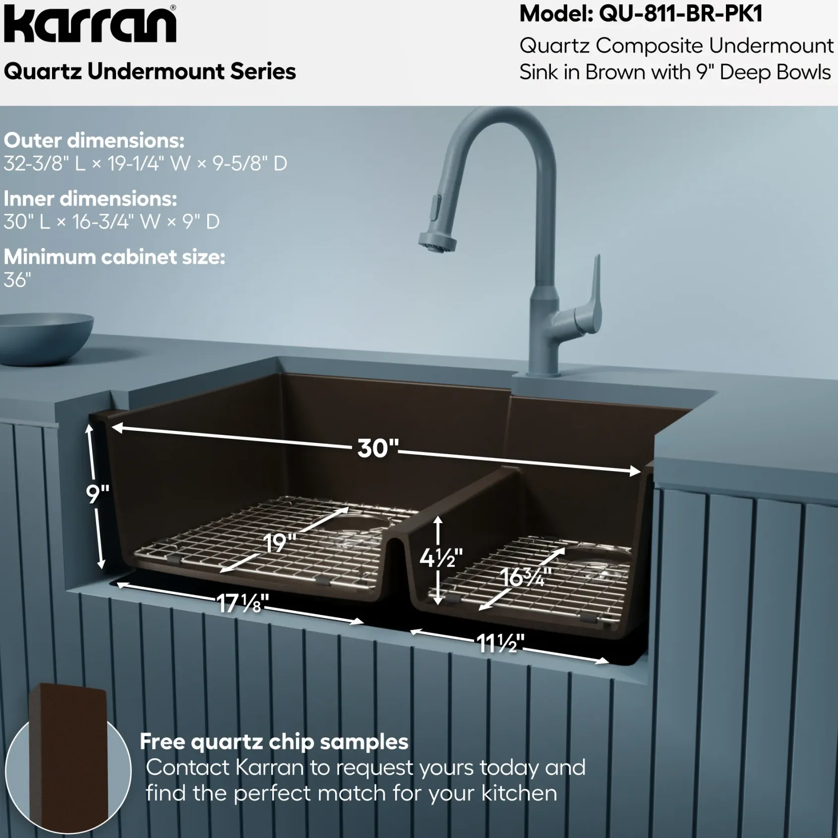 Karran 32" Undermount Quartz Composite Kitchen Sink with Accessories, 60/40 Double Bowl, Brown, QU-811-BR-PK1