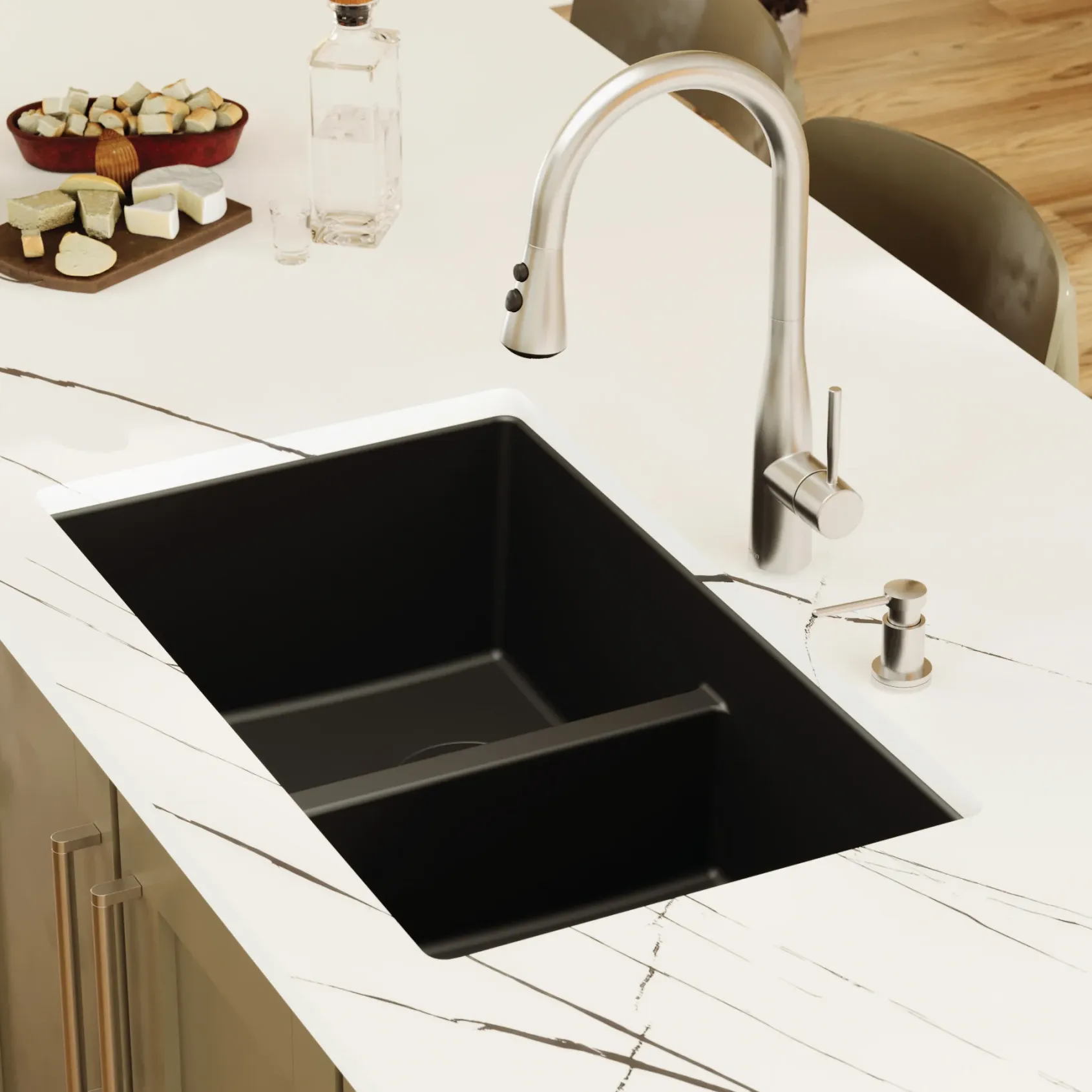 Karran 32" Undermount Quartz Composite Kitchen Sink, 50/50 Double Bowl, Black, QU-810-BL