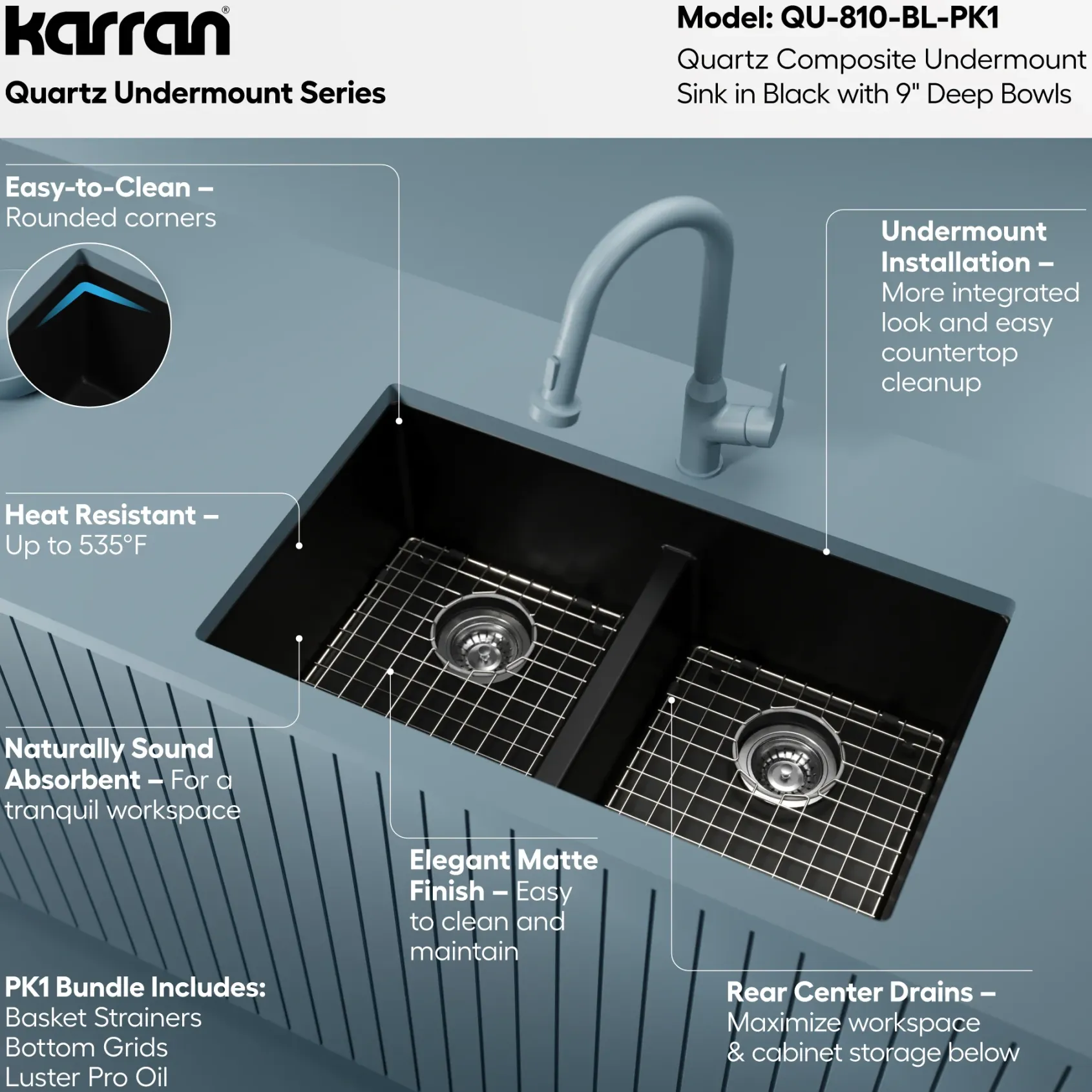Karran 32" Undermount Quartz Composite Kitchen Sink with Accessories, 50/50 Double Bowl, Black, QU-810-BL-PK1