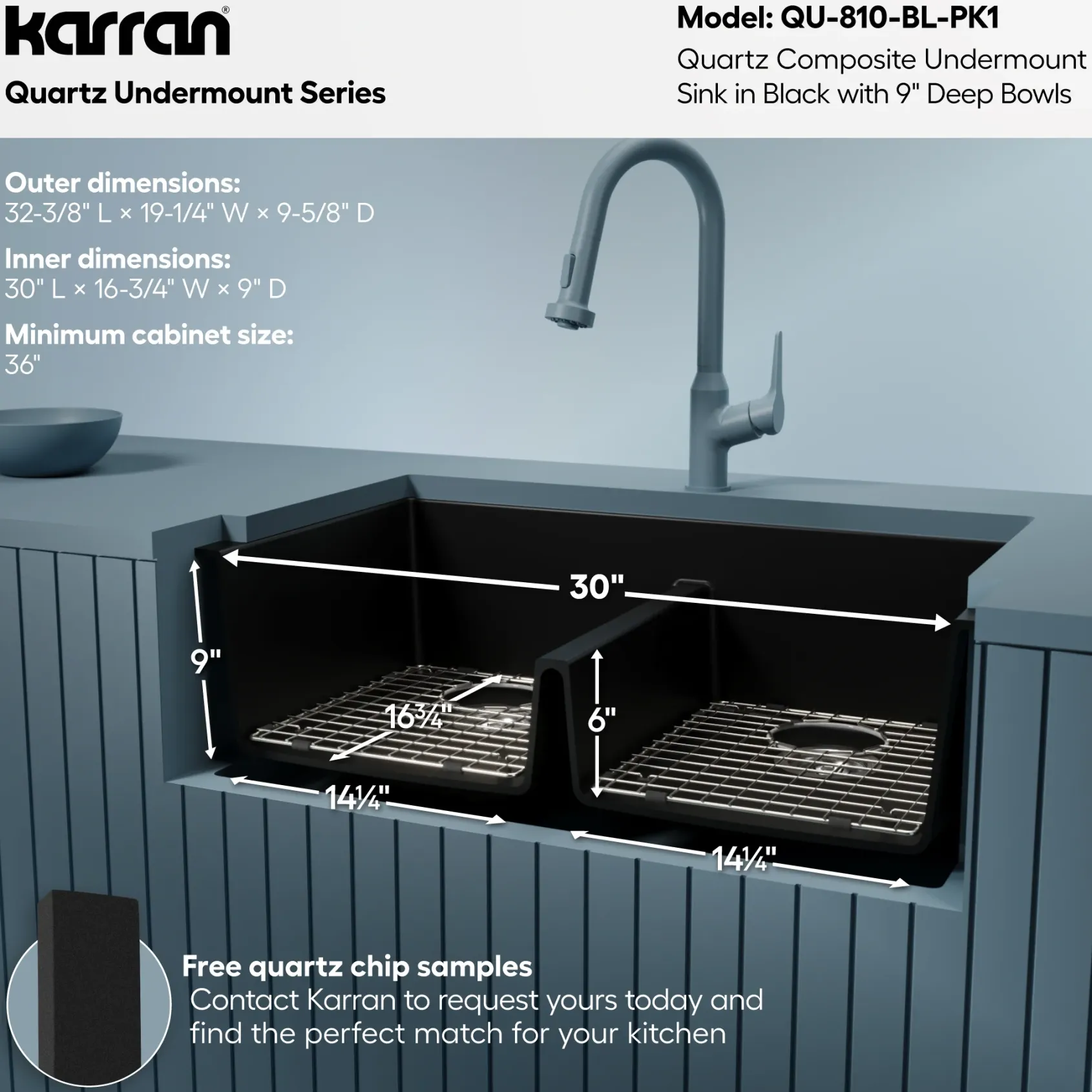 Karran 32" Undermount Quartz Composite Kitchen Sink with Accessories, 50/50 Double Bowl, Black, QU-810-BL-PK1