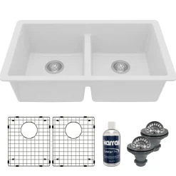 Karran 32" Undermount Quartz Composite Kitchen Sink with Accessories, 50/50 Double Bowl, White, QU-810-WH-PK1