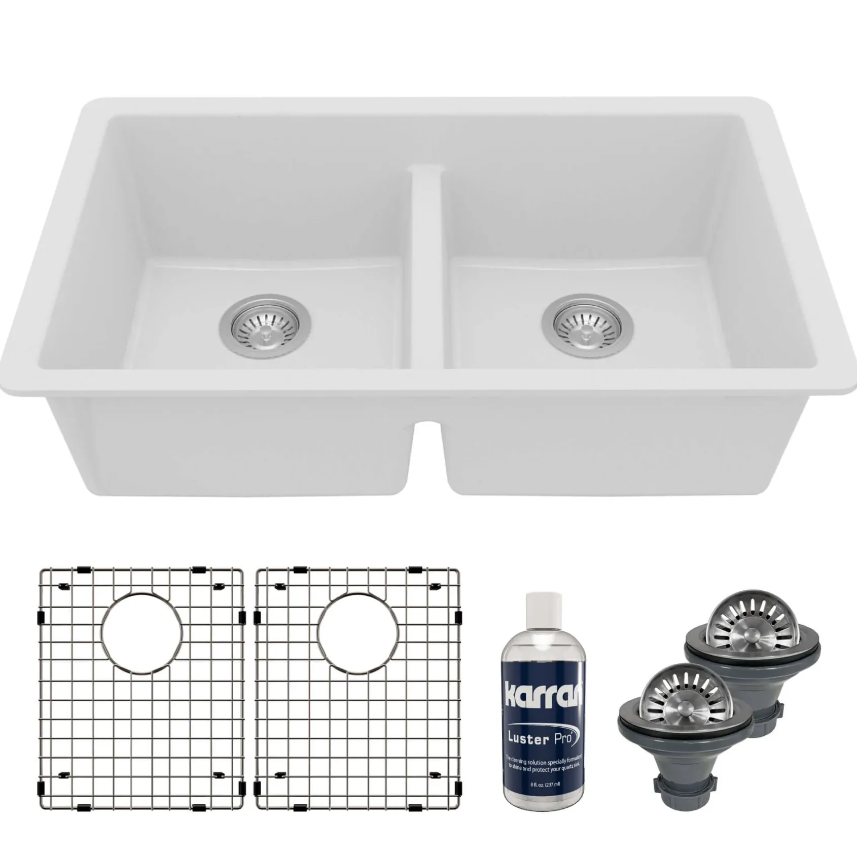 Karran 32" Undermount Quartz Composite Kitchen Sink with Accessories, 50/50 Double Bowl, White, QU-810-WH-PK1