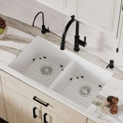 Karran 32" Undermount Quartz Composite Kitchen Sink with Accessories, 50/50 Double Bowl, White, QU-810-WH-PK1