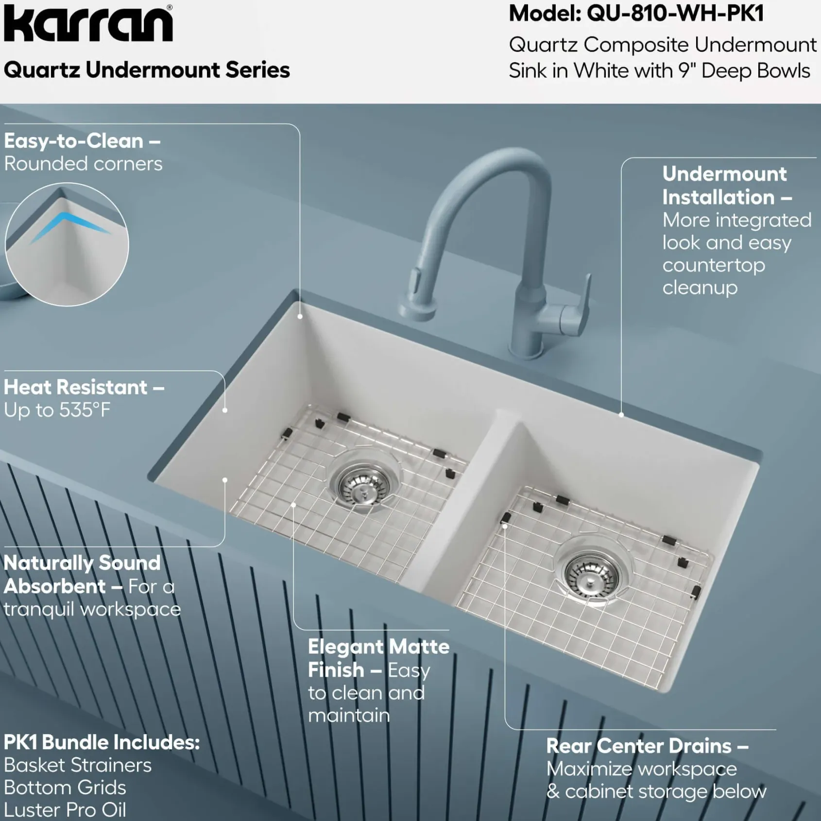 Karran 32" Undermount Quartz Composite Kitchen Sink with Accessories, 50/50 Double Bowl, White, QU-810-WH-PK1