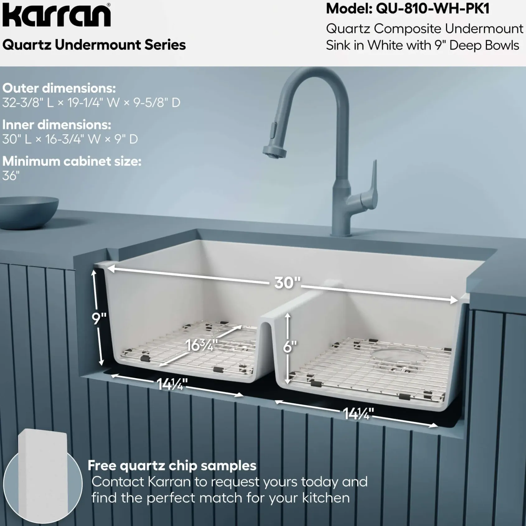 Karran 32" Undermount Quartz Composite Kitchen Sink with Accessories, 50/50 Double Bowl, White, QU-810-WH-PK1