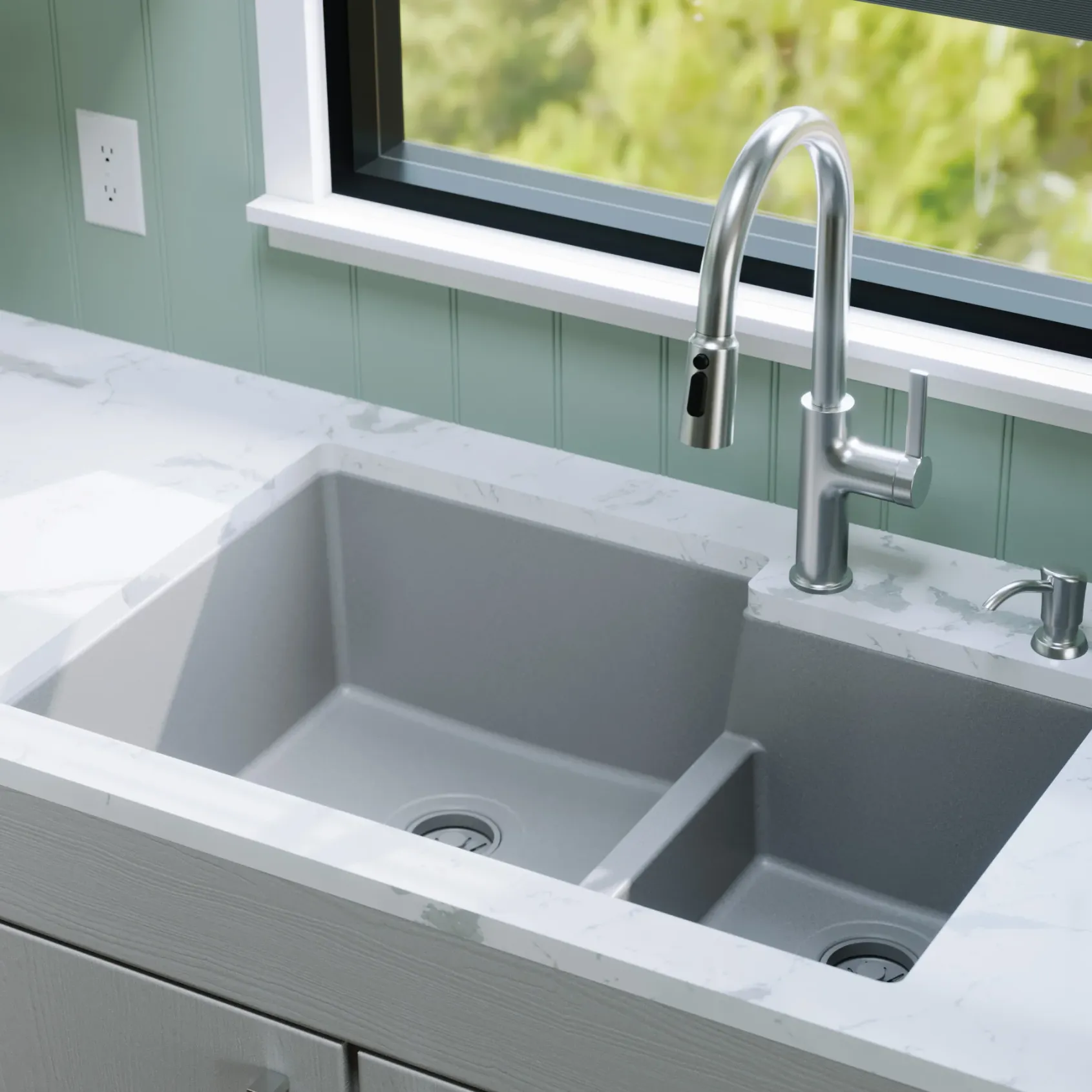Karran 32" Undermount Quartz Composite Kitchen Sink, 60/40 Double Bowl, Grey, QU-811-GR