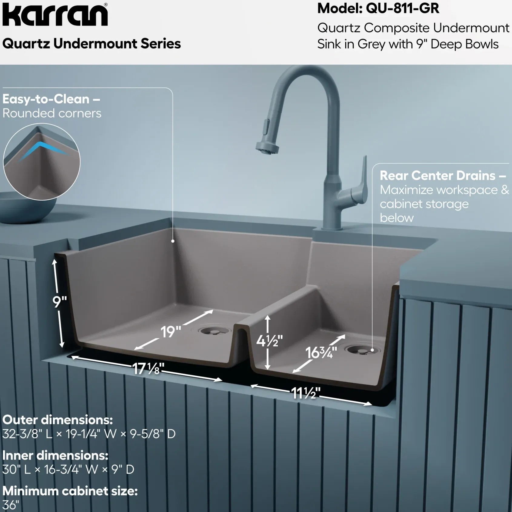 Karran 32" Undermount Quartz Composite Kitchen Sink, 60/40 Double Bowl, Grey, QU-811-GR