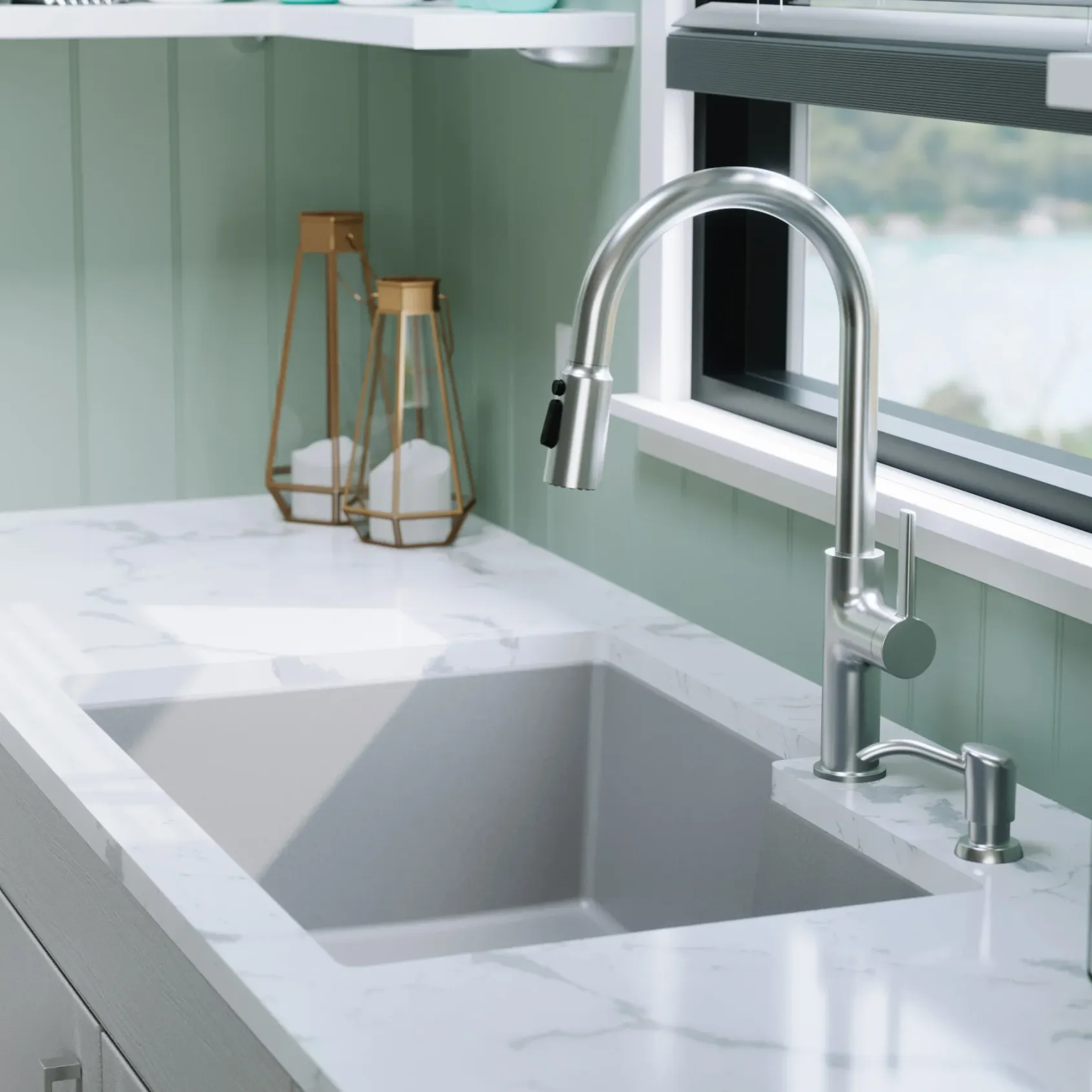 Karran 32" Undermount Quartz Composite Kitchen Sink, 60/40 Double Bowl, Grey, QU-811-GR