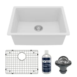 Karran 24" Undermount Quartz Composite Kitchen Sink with Accessories, White, QU-820-WH-PK1