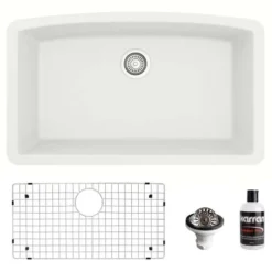 Karran 32" Undermount Quartz Composite Kitchen Sink, White, QU-712-WH-PK1