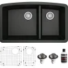 Karran 32" Undermount Quartz Composite Kitchen Sink, 60/40 Double Bowl, Black, QU-711-BL-PK1