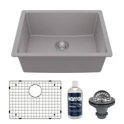 Karran 24" Undermount Quartz Composite Kitchen Sink with Accessories, Grey, QU-820-GR-PK1