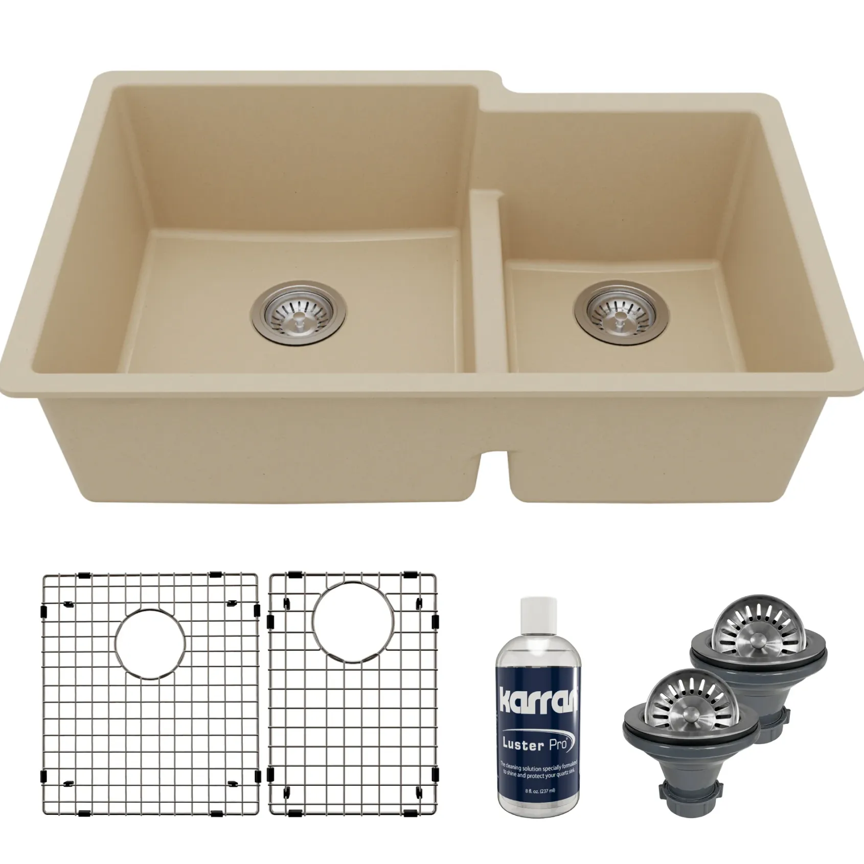 Karran 32" Undermount Quartz Composite Kitchen Sink with Accessories, 60/40 Double Bowl, Bisque, QU-811-BI-PK1
