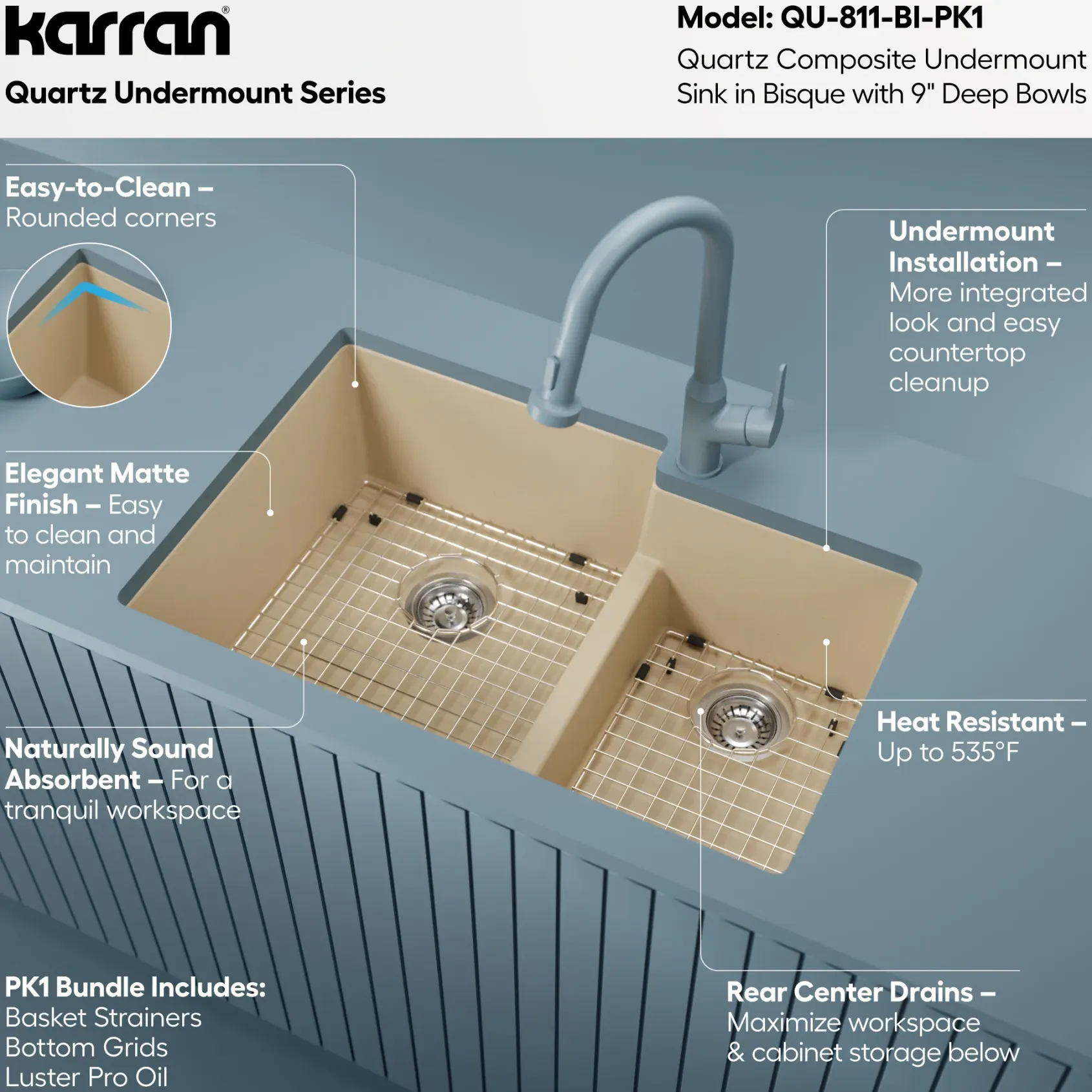 Karran 32" Undermount Quartz Composite Kitchen Sink with Accessories, 60/40 Double Bowl, Bisque, QU-811-BI-PK1