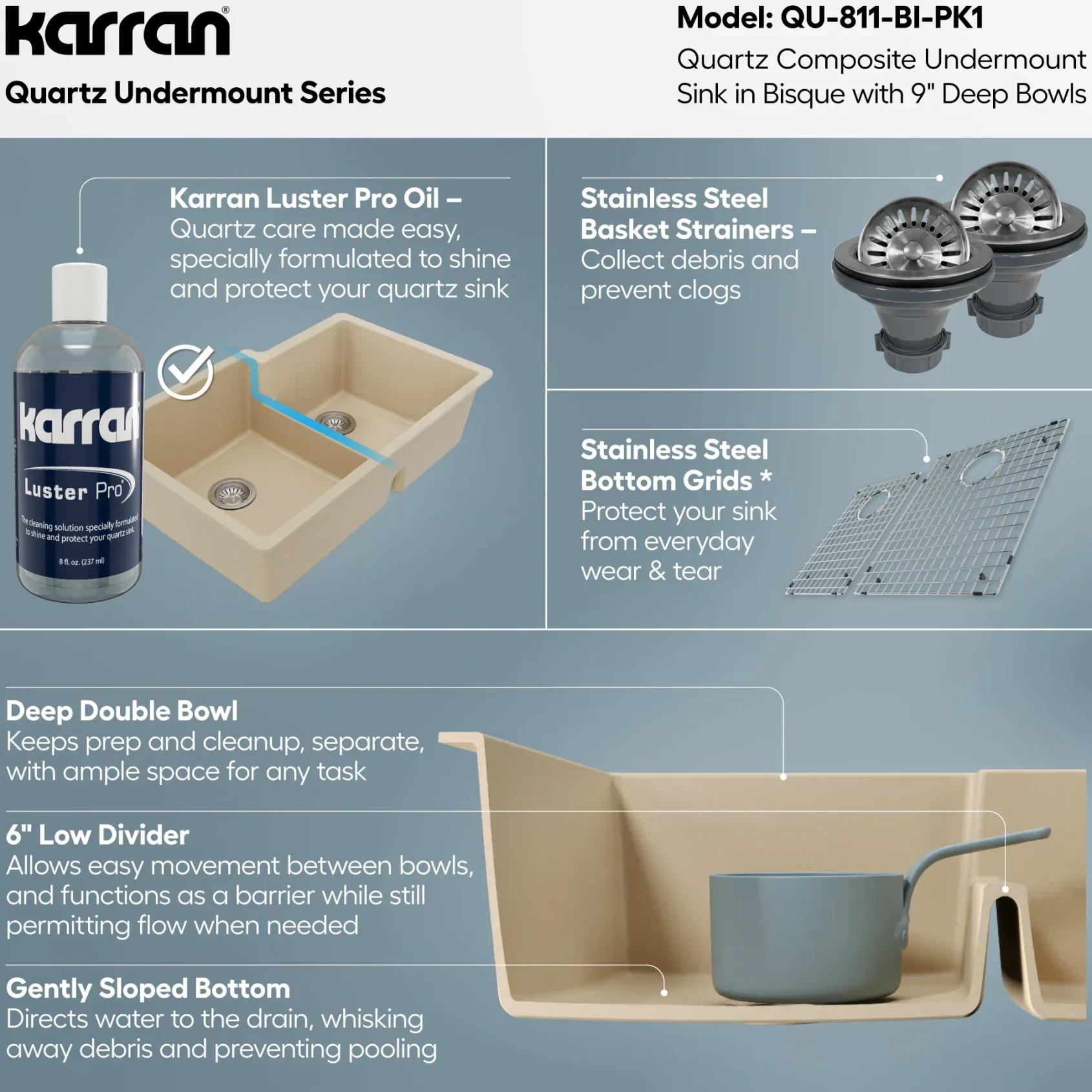 Karran 32" Undermount Quartz Composite Kitchen Sink with Accessories, 60/40 Double Bowl, Bisque, QU-811-BI-PK1