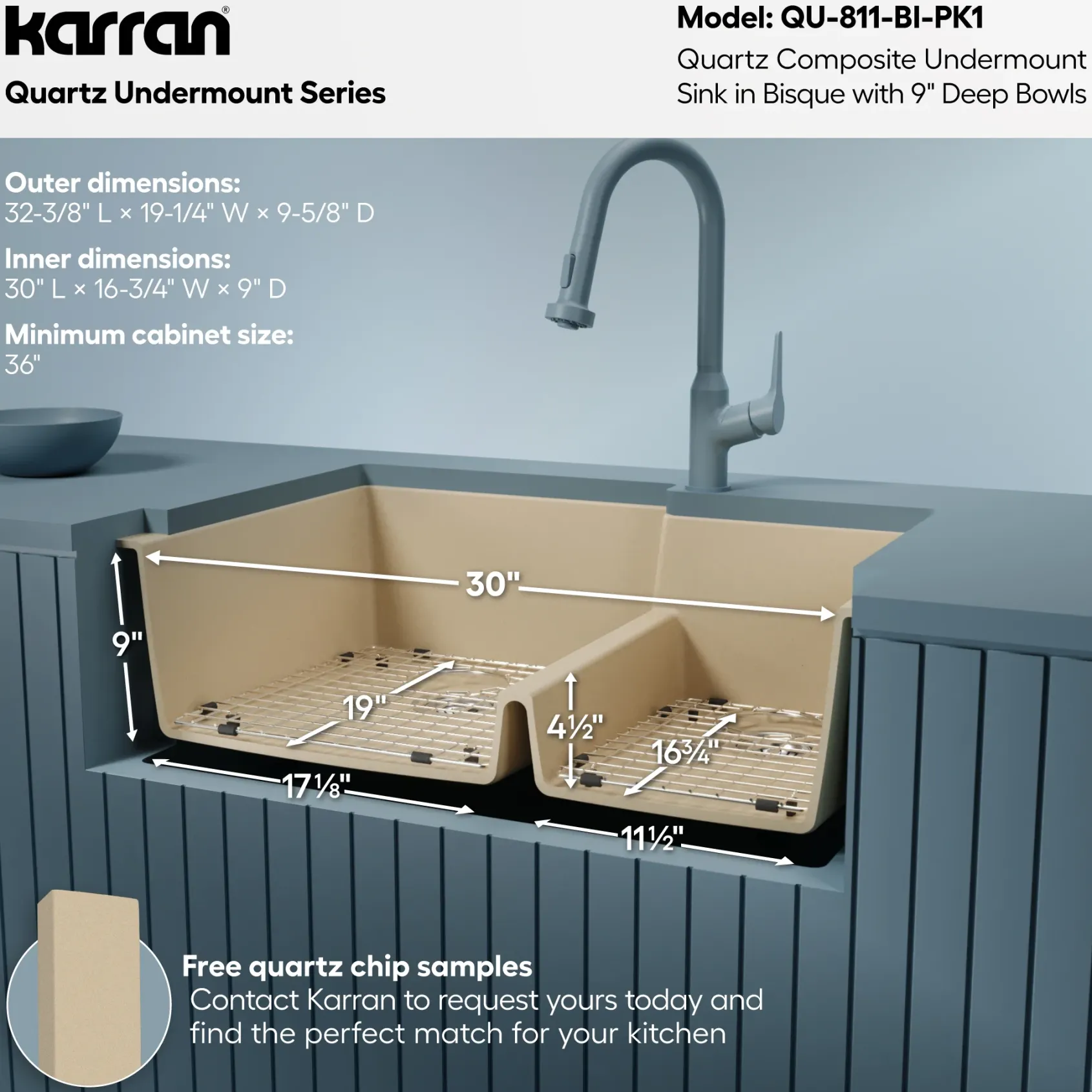 Karran 32" Undermount Quartz Composite Kitchen Sink with Accessories, 60/40 Double Bowl, Bisque, QU-811-BI-PK1