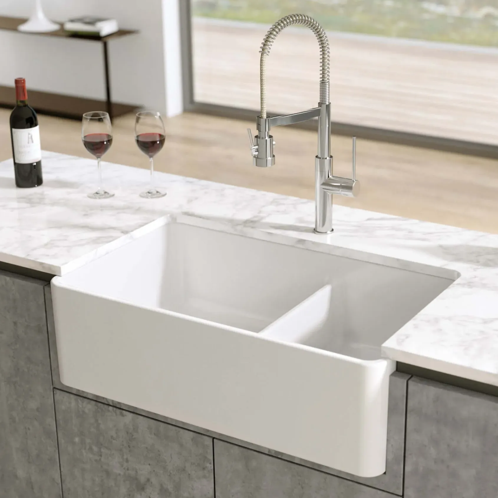 Latoscana 33" Fireclay Farmhouse Sink, 60/40 Double Bowl, White, LTD3319W
