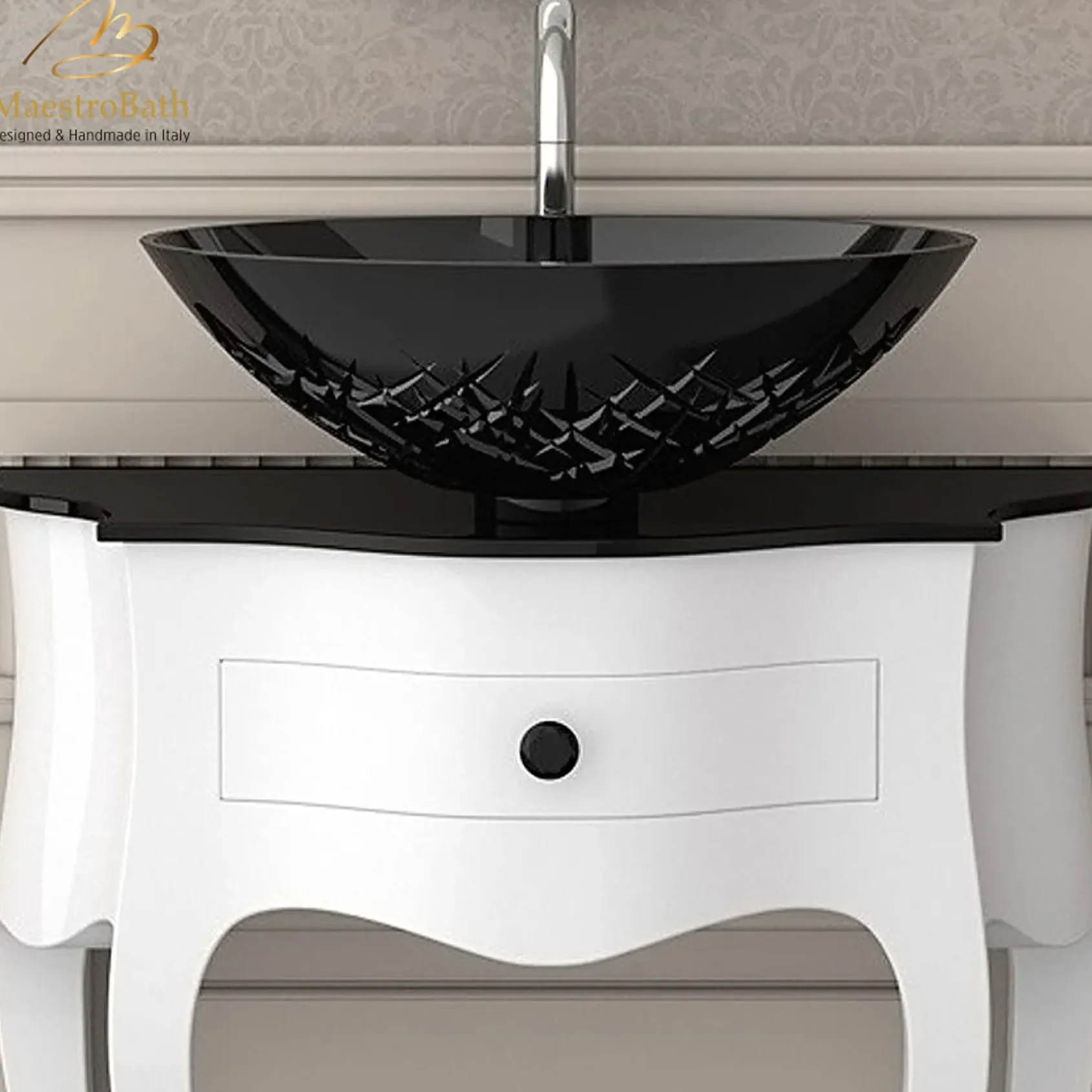 MaestroBath 11" Cristallo Modern Black Crystal Vessel ADA Oval Bathroom Sink, CRI-CRS-BLK