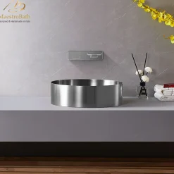 MaestroBath 16" Regina Modern Round Vessel ADA Bathroom Sink, Brushed Silver, Stainless Steel, STN-RGN-BRS