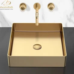 MaestroBath 16" Stella Modern Square Vessel ADA Bathroom Sink, Brushed Gold, Stainless Steel, STN-STL-BRG