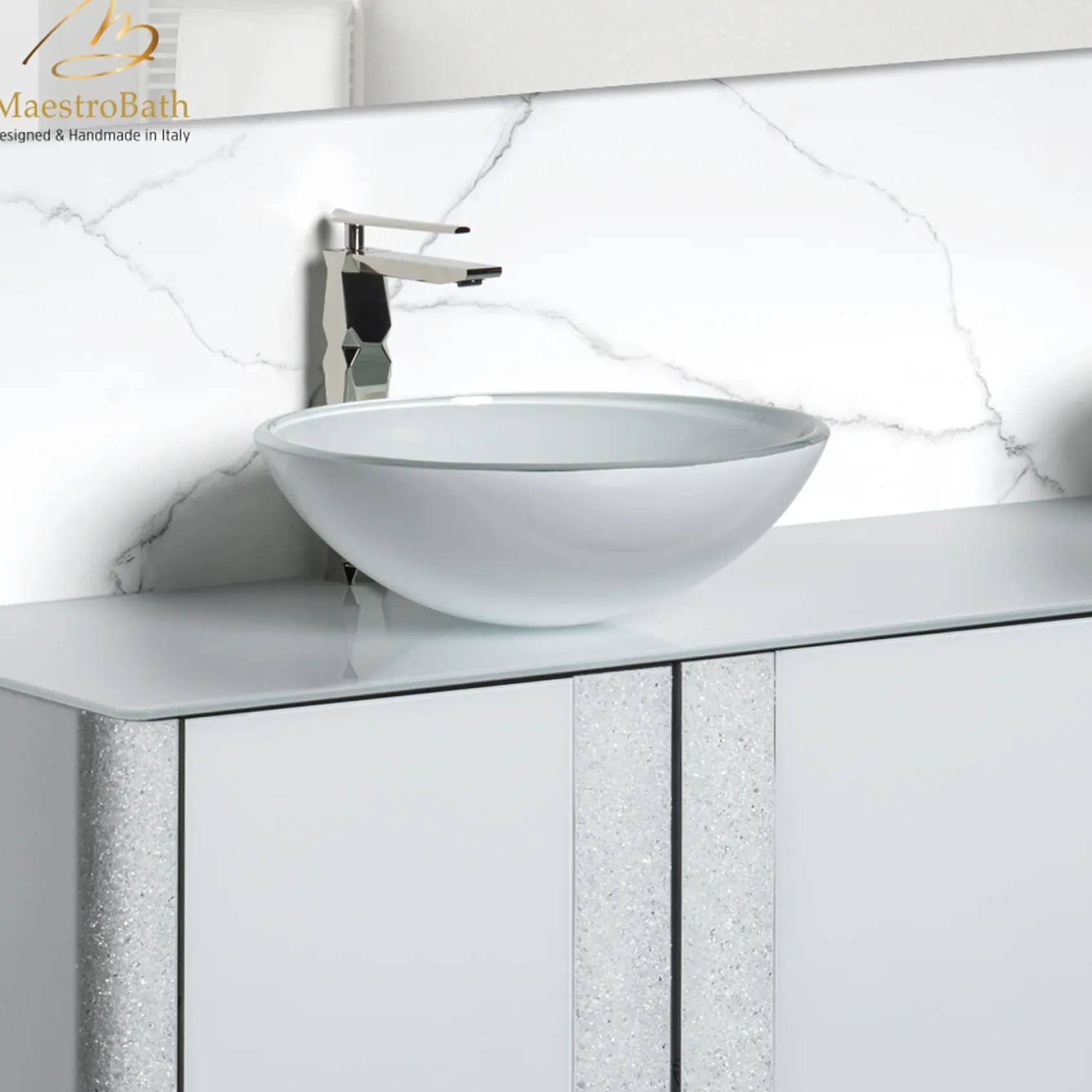MaestroBath 17" Verona Round Crystal ADA Bathroom Sink, White, Tempered glass, SIN-VER-WHT