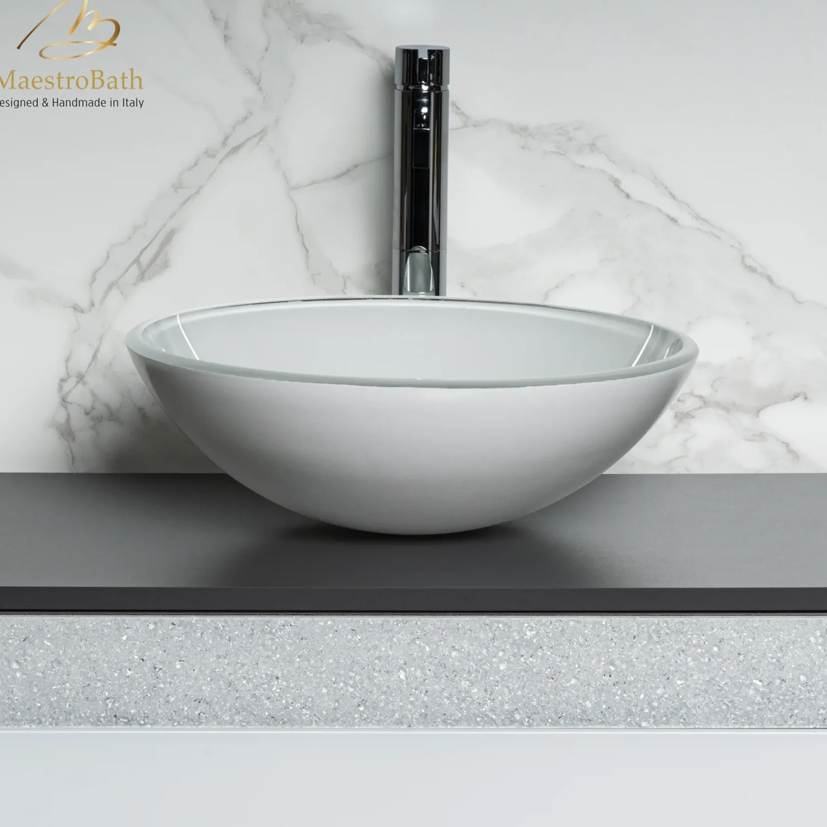 MaestroBath 17" Verona Round Crystal ADA Bathroom Sink, White, Tempered glass, SIN-VER-WHT