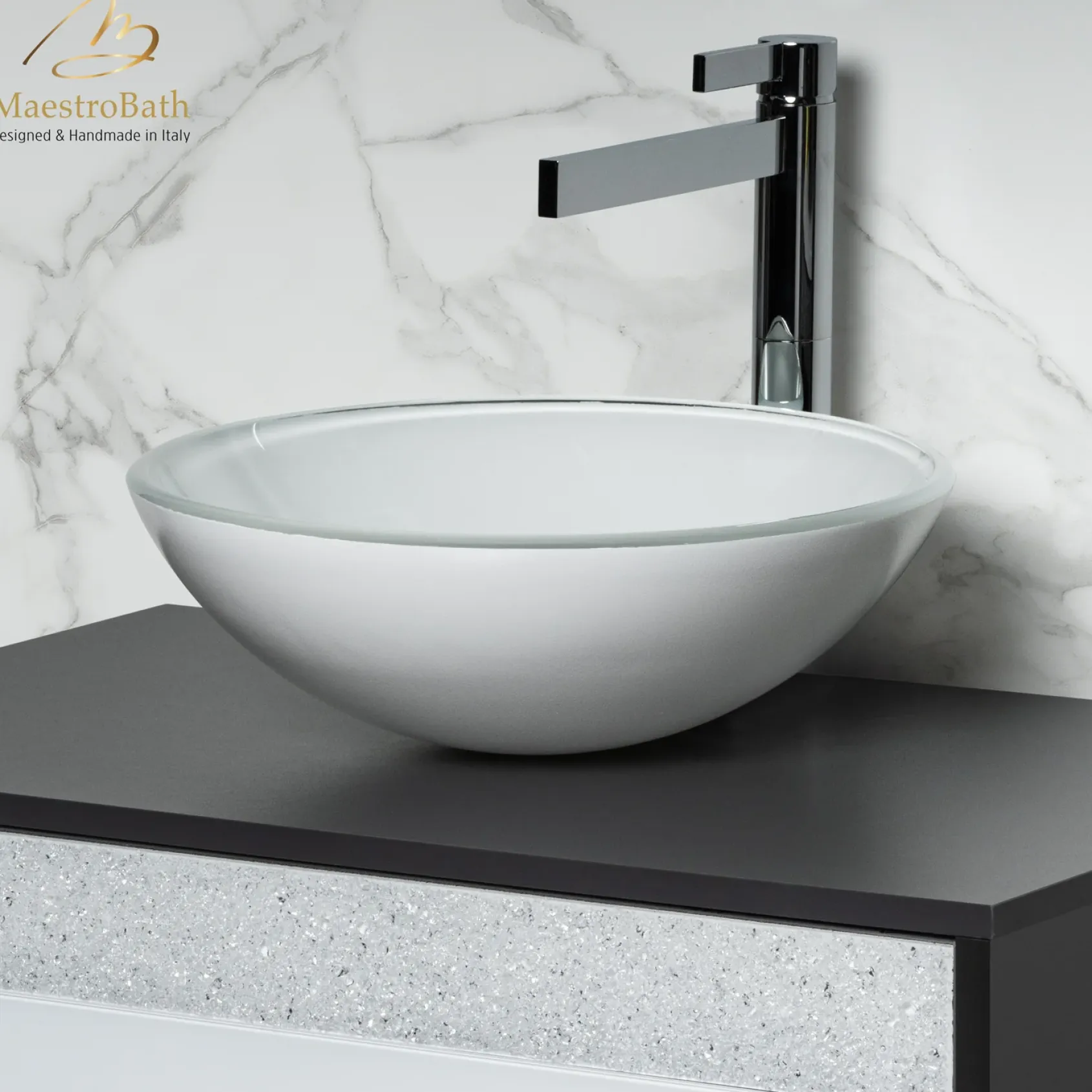 MaestroBath 17" Verona Round Crystal ADA Bathroom Sink, White, Tempered glass, SIN-VER-WHT