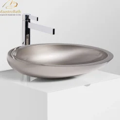 MaestroBath 16" Vetro Cigno Max Vessel ADA Oval Bathroom Sink, Platinum, Resin and Glass, VET-CIM-PLA