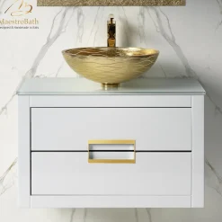 MaestroBath Dante 32" Modern Bathroom Vanity, White and Gold, Wall-mounted, Glass Top: Flat, Wood, VANK-DNT-WG8
