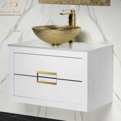 MaestroBath Dante 32" Modern Bathroom Vanity, White and Gold, Wall-mounted, Glass Top: Flat, Wood, VANK-DNT-WG8