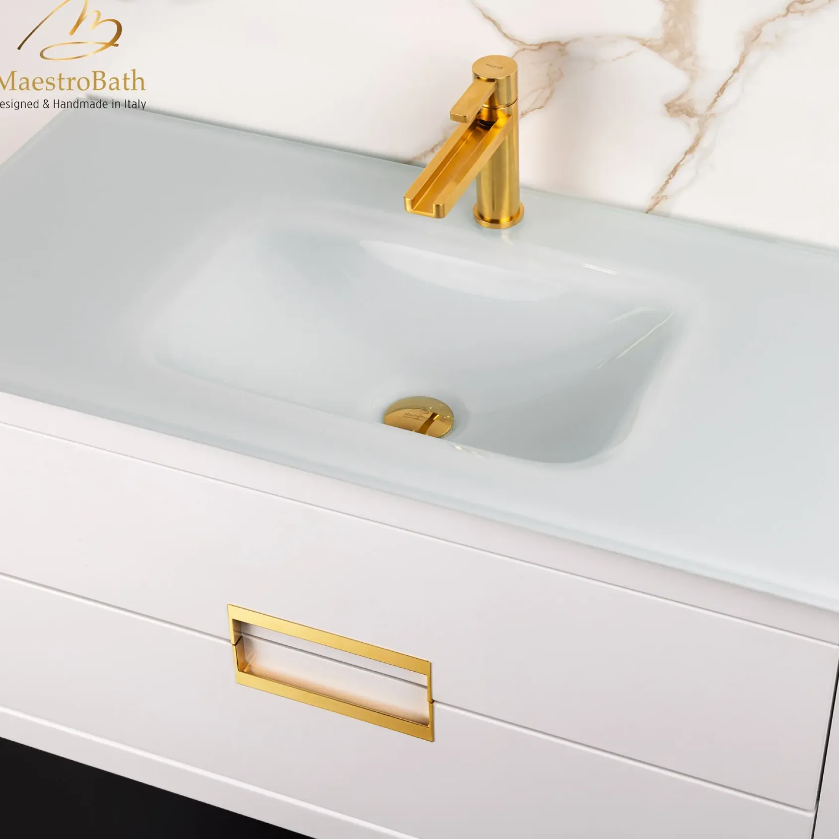MaestroBath Dante 40" Modern Bathroom Vanity, White and Gold, Wall-mounted, Glass Top: Integrated, Wood, VANK-DNTI-WG10