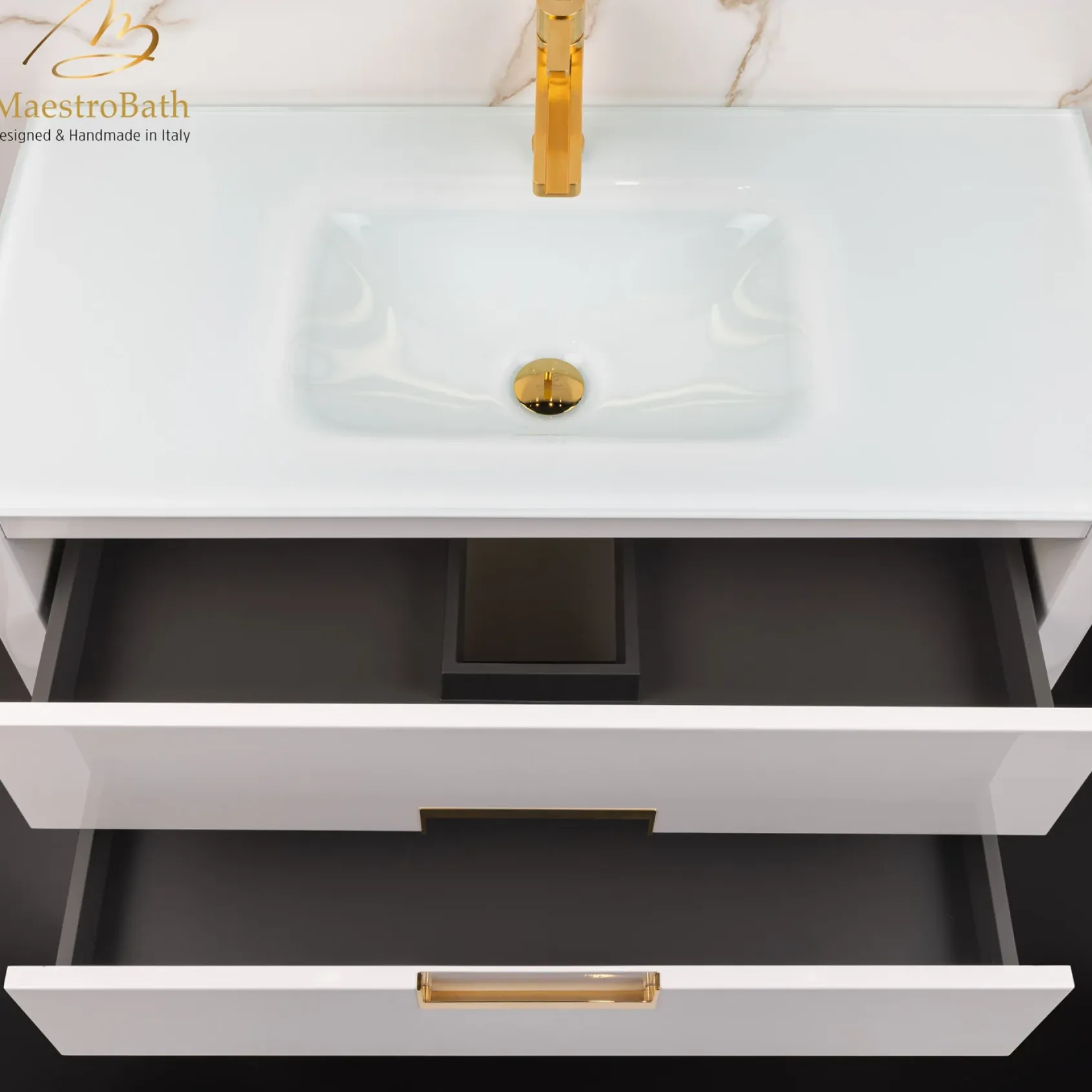 MaestroBath Dante 40" Modern Bathroom Vanity, White and Gold, Wall-mounted, Glass Top: Integrated, Wood, VANK-DNTI-WG10